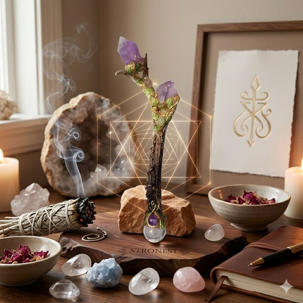 Handcrafted Amethyst Antler Crystal Wand | Ritual Tool for Energy Healing, Meditation & Protection